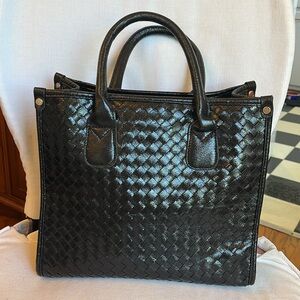 Woven Tote - Black Handbag - Intrecciato Design Vegan Leather